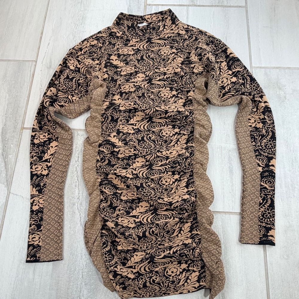 Zara Tan Black Floral Damask Ruched Mock Neck Knit Mini Dress S